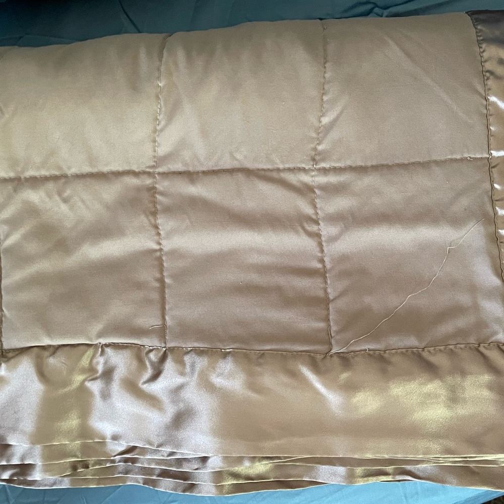 Robert Allen thin lightweight comforter with satin trim, queen size. Light brown